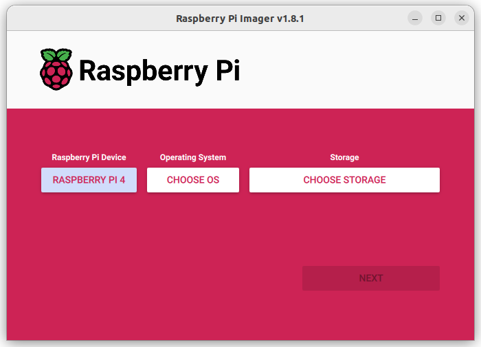 Raspberry Pi Imager start page